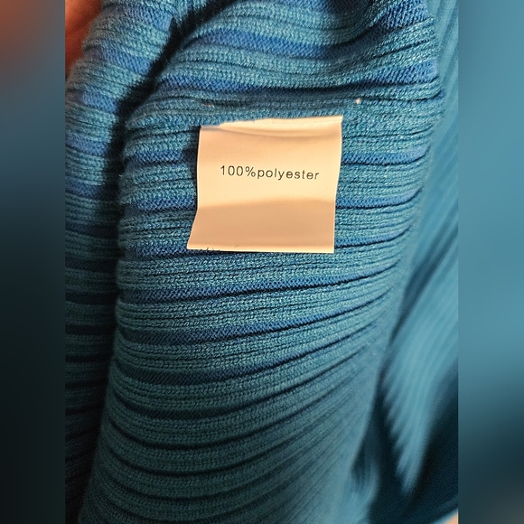 Deep Self Teal Blue Ribbed Knit Ruched Front Long Sleeve V-Neck Sweater Dress-M - Picture 5 of 7